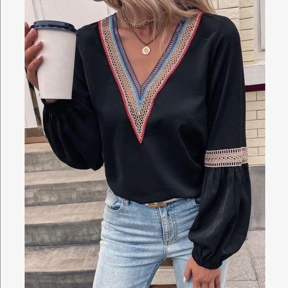 Boho Sheer Mesh Lace Long Sleeve Top Blouse Shirt Black - Picture 5 of 7